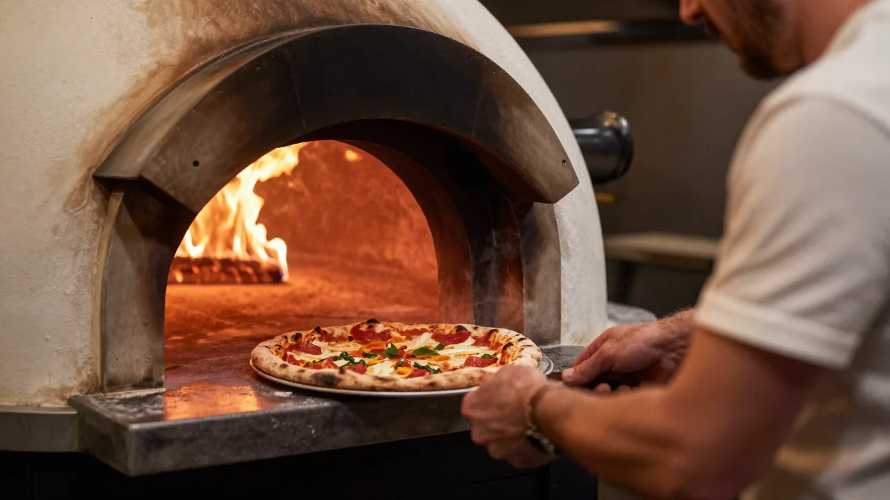 Pizzaiolo sliding a pizza into a wood-fired dome oven with flames glowing inside and flour dust in the air
