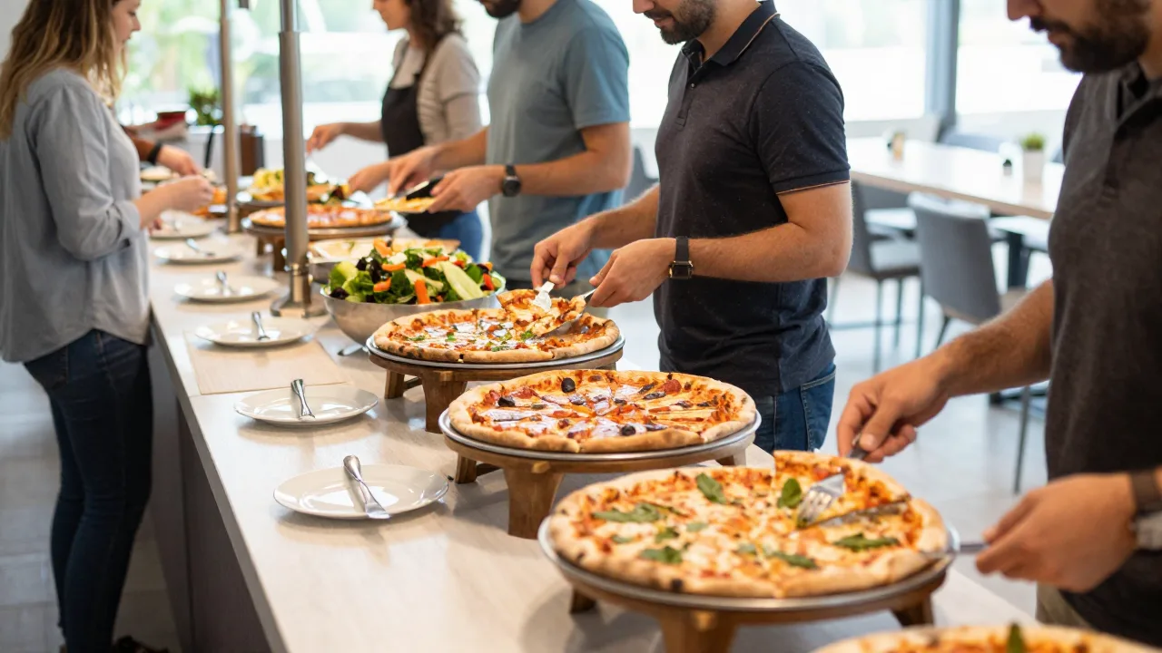 Pizza lunch buffet line with pizzas on warming trays and a salad station while guests serve themselves