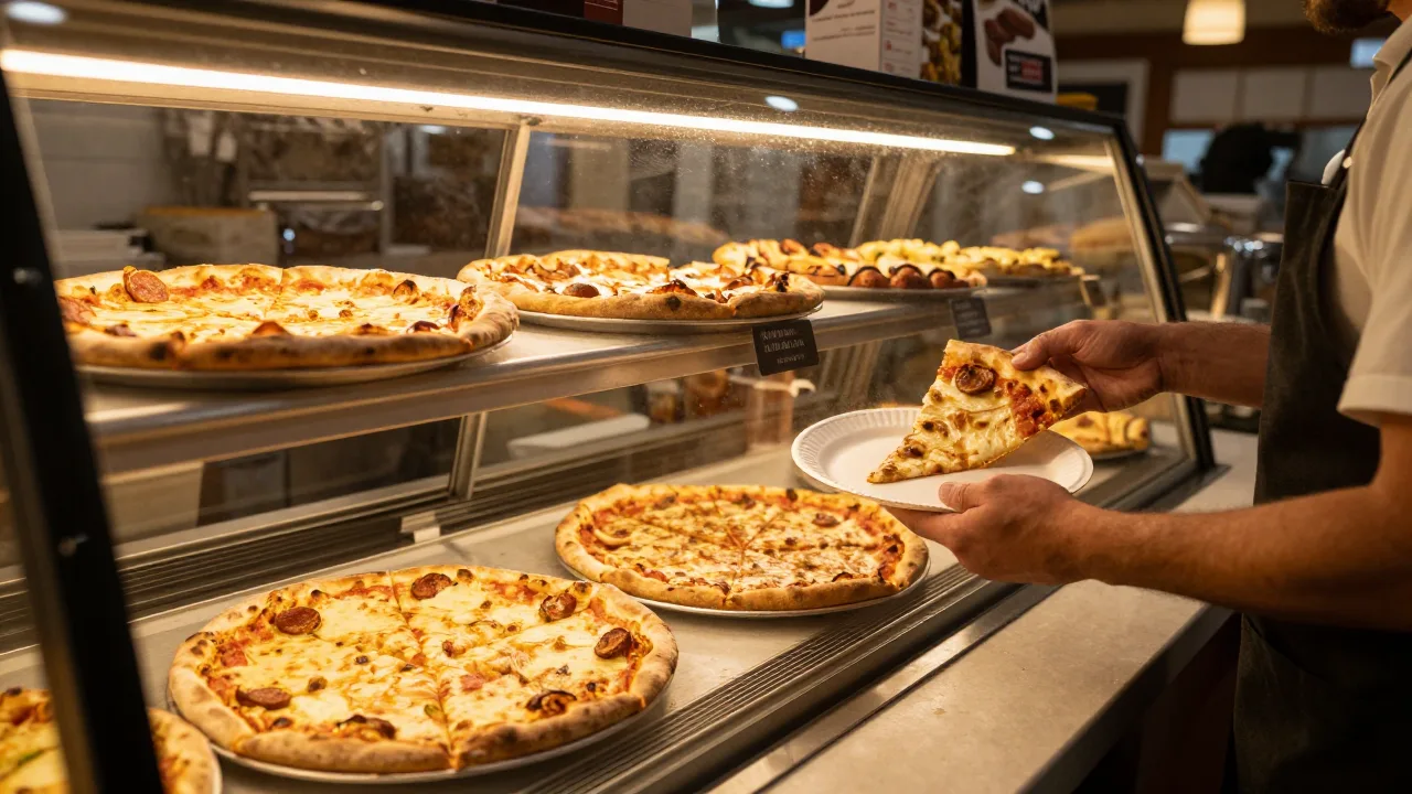 Slice shop counter with whole pizzas under warming lights and a worker lifting a slice onto a paper plate