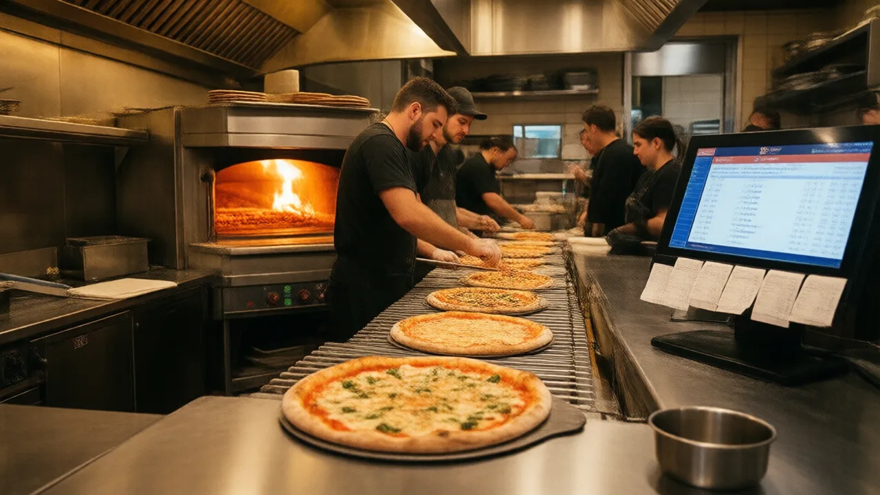 Busy pizzeria make line during a Friday rush with cooks assembling multiple pizzas and a full oven, order tickets lined up on a display screen
