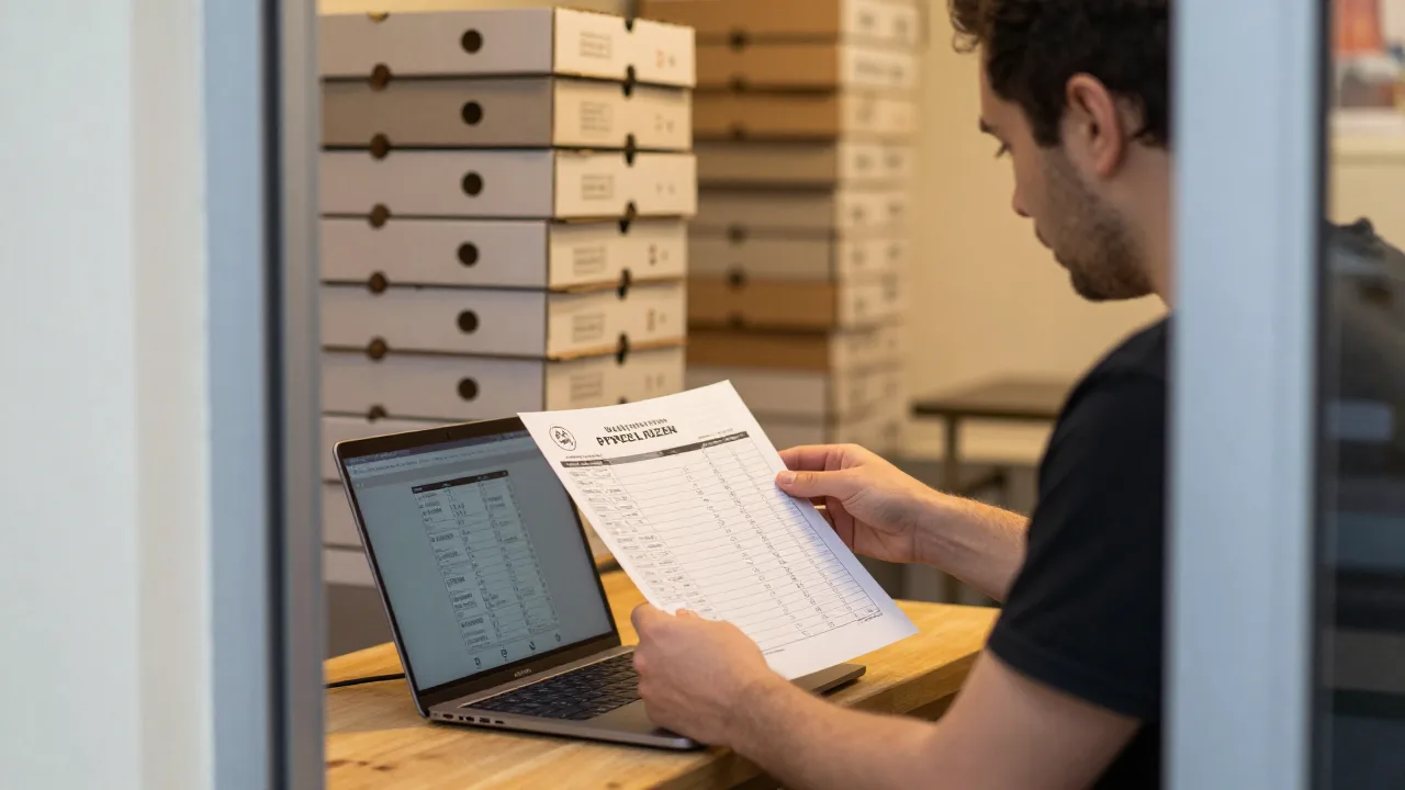 Pizzeria owner at a back office desk comparing printed order reports against a laptop with stacked pizza boxes visible through the doorway