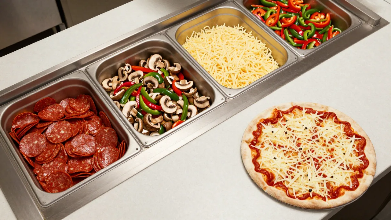 Overhead view of a pizza make line with topping bins of pepperoni, mushrooms, peppers and cheese beside a half-topped pizza